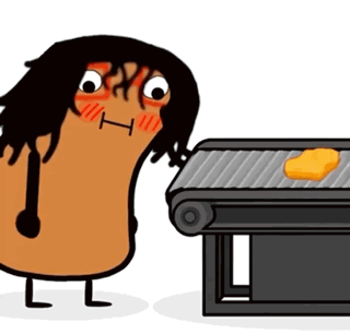 A Cartoon Character Is Standing Next To A Conveyor Belt With A Piece Of Food On It .. GIF