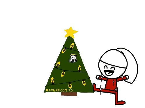 A Cartoon Character Is Standing Next To A Decorated Christmas Tree Sticker