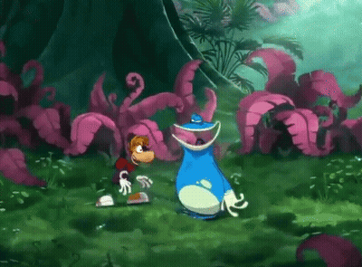 A Cartoon Character Is Standing Next To A Frog In A Jungle . GIF
