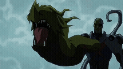 A Cartoon Character Is Standing Next To A Giant Monster With Its Mouth Open . GIF