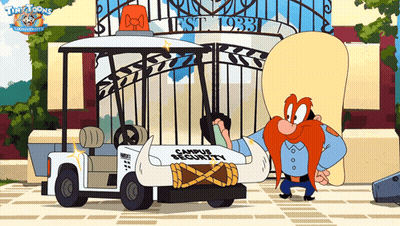 A Cartoon Character Is Standing Next To A Golf Cart Which Says Campus Security GIF