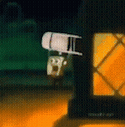 A Cartoon Character Is Standing Next To A Lantern In A Room . GIF
