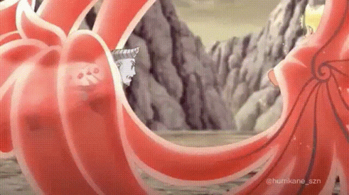 A Cartoon Character Is Standing Next To A Large Red Squid . GIF