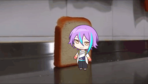 A Cartoon Character Is Standing Next To A Piece Of Bread On A Counter . GIF