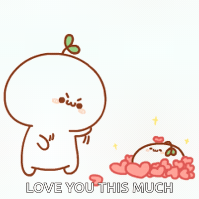 A Cartoon Character Is Standing Next To A Pile Of Hearts And Says Love You This Much . GIF