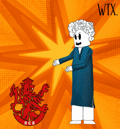 A Cartoon Character Is Standing Next To A Red Lion With The Letters Rcb On It GIF