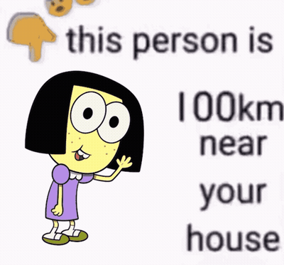 A Cartoon Character Is Standing Next To A Sign That Says His Person 41 Km Near Your House GIF