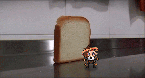 A Cartoon Character Is Standing Next To A Slice Of Bread On A Counter GIF