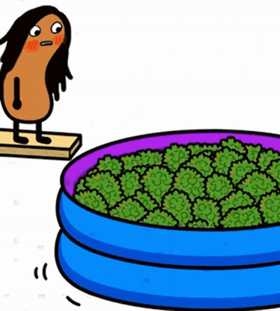 A Cartoon Character Is Standing Next To An Inflatable Pool Filled With Greenery GIF