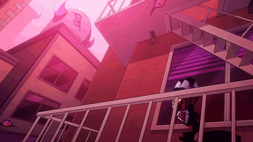 Cartoon Horned Character On Balcony In Front Of Building GIF