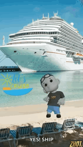 A Cartoon Character Is Standing On A Beach In Front Of A Cruise Ship GIF