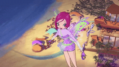 A Cartoon Character Is Standing On A Beach With A Boat In The Background GIF