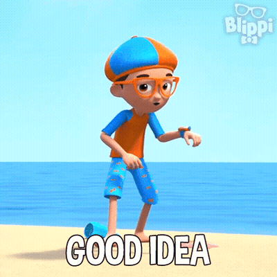 A Cartoon Character Is Standing On A Beach With The Words Good Idea Below Him GIF