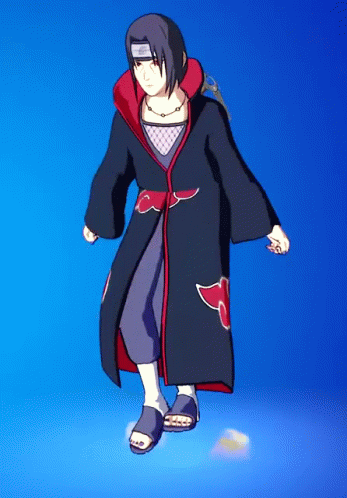 A Cartoon Character Is Standing On A Blue Background Wearing A Black Robe With Red Clouds On It GIF