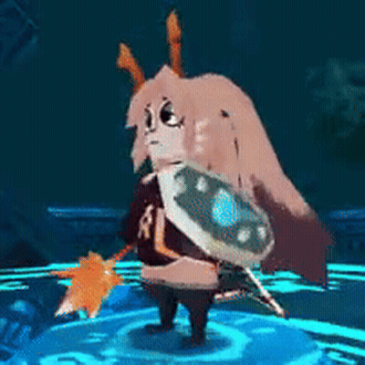 A Cartoon Character Is Standing On A Blue Surface Holding A Shield And A Sword . GIF