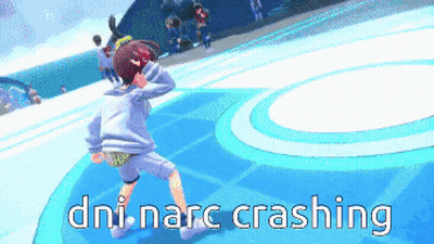 A Cartoon Character Is Standing On A Blue Surface With The Words Dni-Narc Crashing Above Him GIF