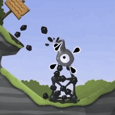 A Cartoon Character Is Standing On A Bridge Made Of Rocks And A Sign . GIF