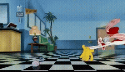 A Cartoon Character Is Standing On A Checkered Floor In An Office . GIF