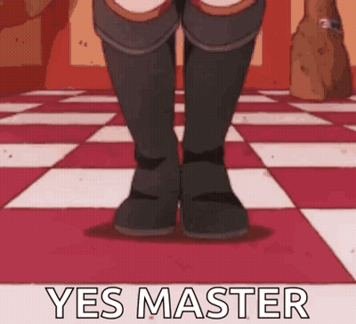 A Cartoon Character Is Standing On A Checkered Floor With The Words `` Yes Master '' Written On It . GIF