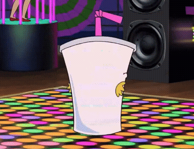 A Cartoon Character Is Standing On A Colorful Dance Floor With A Drink In It . GIF