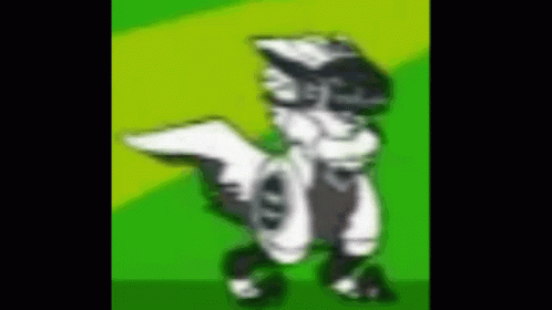 A Cartoon Character Is Standing On A Green Background And Holding A Gun . GIF