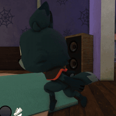 A Cartoon Character Is Standing On A Mat In Front Of A Speaker GIF