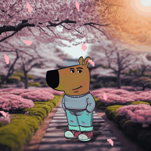 A Cartoon Character Is Standing On A Path In Front Of Flowers GIF