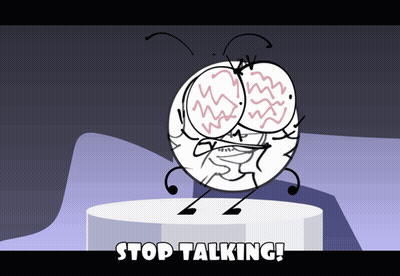 A Cartoon Character Is Standing On A Pedestal With The Words " Stop Talking " Below It GIF