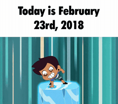 A Cartoon Character Is Standing On A Piece Of Ice That Says Today Is February 23Rd, 2018 GIF