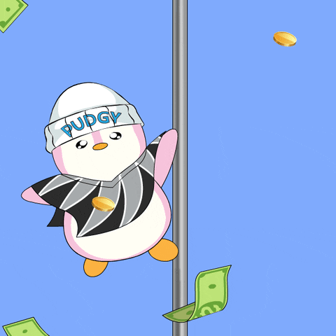 A Cartoon Character Is Standing On A Pole With Money Falling From The Sky GIF
