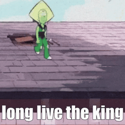 A Cartoon Character Is Standing On A Roof With The Words `` Long Live The King '' Written Below Him . GIF