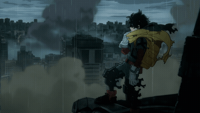 A Cartoon Character Is Standing On A Rooftop In The Rain GIF