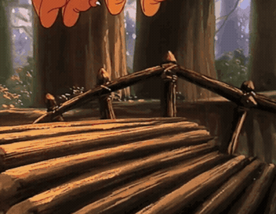 A Cartoon Character Is Standing On A Wooden Bridge GIF