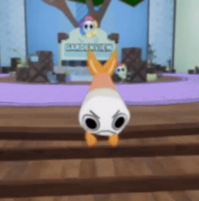 A Cartoon Character Is Standing On A Wooden Floor In A Room With A Purple Rug . GIF