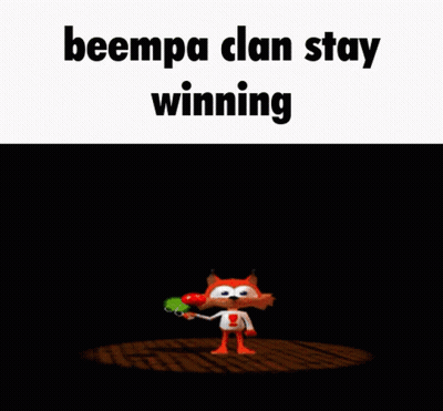 A Cartoon Character Is Standing On A Wooden Floor With The Words Beempa Clan Stay Winning Written On The Bottom GIF