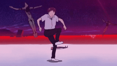 A Cartoon Character Is Standing On One Leg In Front Of A Statue Of Jesus . GIF