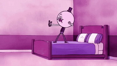 A Cartoon Character Is Standing On Top Of A Bed In A Room . GIF
