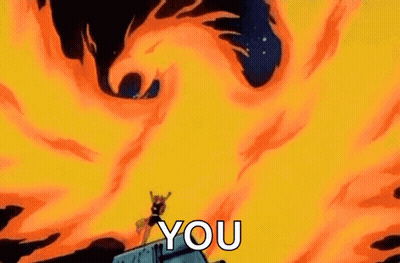 A Cartoon Character Is Standing On Top Of A Building In Front Of A Fireball . GIF