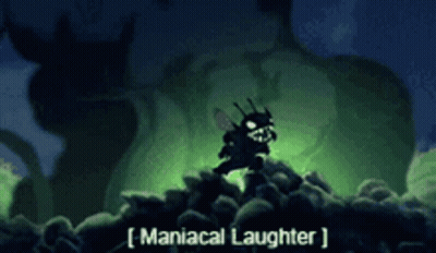 A Cartoon Character Is Standing On Top Of A Pile Of Rocks With The Words Maniacal Laughter Written On The Bottom GIF