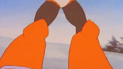 A Cartoon Character Is Standing Up In The Air With His Arms Outstretched . GIF