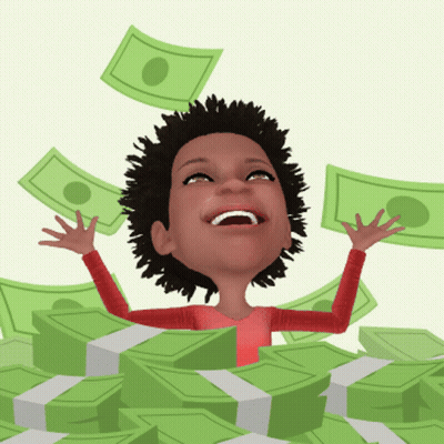 A Cartoon Character Is Surrounded By A Pile Of Money With One Dollar Bills Flying In The Air GIF