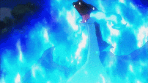 A Cartoon Character Is Surrounded By Blue Flames In A Blue Background . GIF