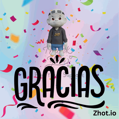 A Cartoon Character Is Surrounded By Confetti And The Word Gracias Is On The Bottom GIF