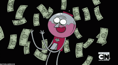 A Cartoon Character Is Surrounded By Money And Says Cn On The Bottom GIF