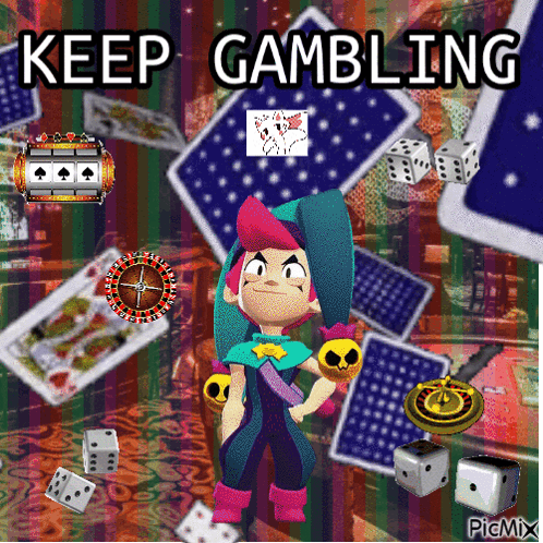 A Cartoon Character Is Surrounded By Playing Cards Dice And A Roulette Wheel With The Words Keep Gambling Above Him GIF