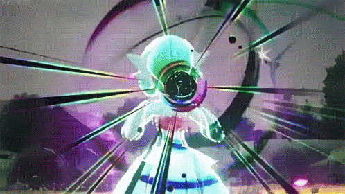 A Cartoon Character Is Surrounded By Purple And Green Rays GIF