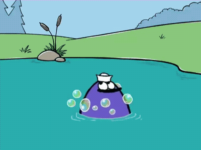 A Cartoon Character Is Swimming In A Pond With Soap Bubbles GIF