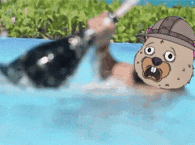 A Cartoon Character Is Swimming In A Pool And Holding A Bottle Of Champagne GIF