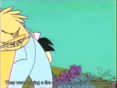 A Cartoon Character Is Talking About Having A Fire Sale In The Hosiery Department GIF