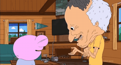 A Cartoon Character Is Talking To Another Character In A Living Room With A Banner That Says Bass GIF